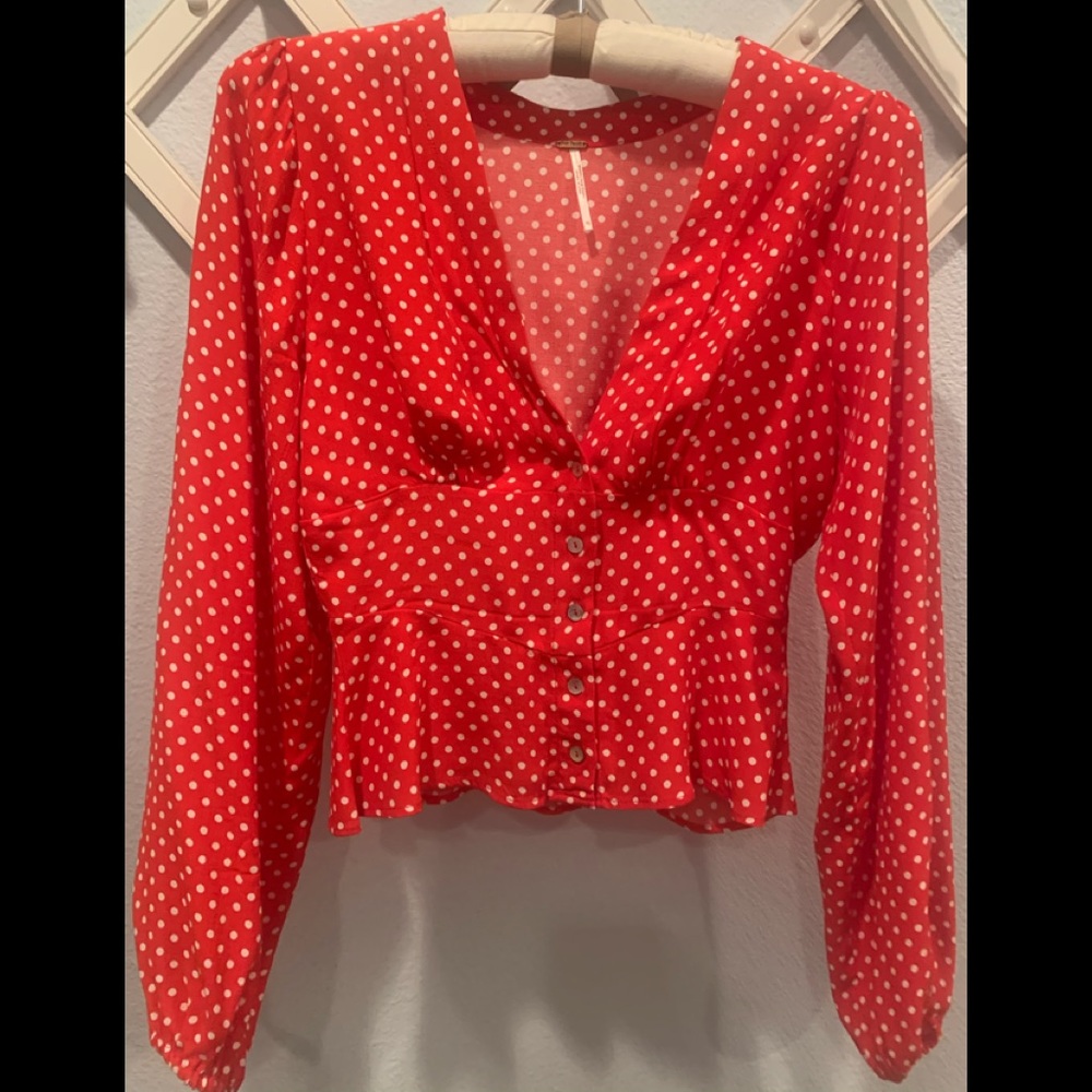 SOLD-Free People Red Polkadot Blouse - Picture 3 of 6